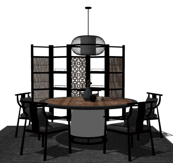 新中式餐桌椅组合草图大师模型，餐桌椅su模型下载