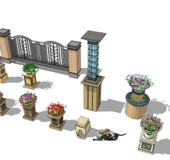 欧式花钵组合免费su模型下载、欧式花钵组合草图大师模型下载