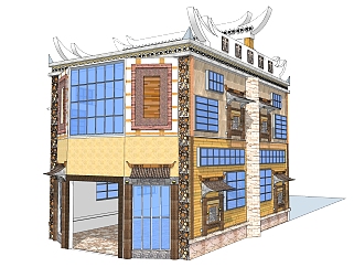 新中式羌族建筑草图大师模型，古建民俗sketchup模型免费下载