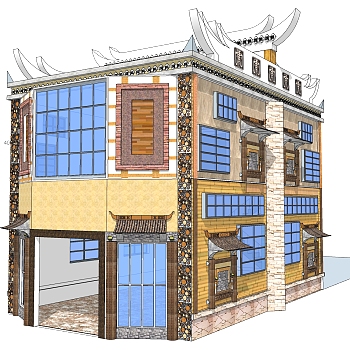 新中式羌族建筑草图大师模型，古建民俗sketchup模型免费下载