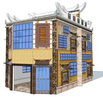 新中式羌族建筑草图大师模型，古建民俗sketchup模型免费下载