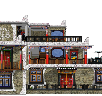 藏式别墅su模型下载、藏式别墅草图大师模型下载