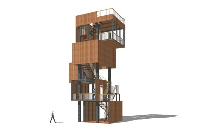 现代实木塔楼草图大师模型，塔楼sketchup模型免费下载