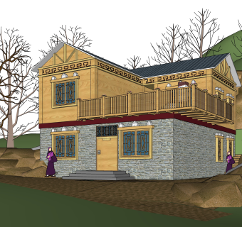 新中式独栋别墅草图大师模型，sketchup别墅su模型下载