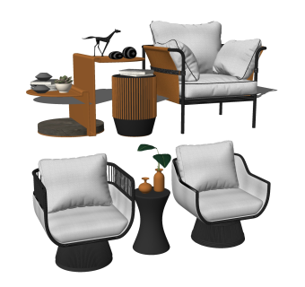 新中式布艺沙发组合su模型，单人沙发组合skp模型下载