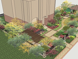 都市庭院<em>景观设计</em>su模型，庭院sketchup模型