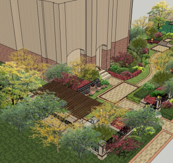 都市庭院景观设计su模型，庭院sketchup模型