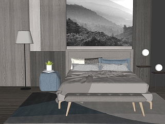 新中式床具su模型，双人床灯具组合草图大师模型下载