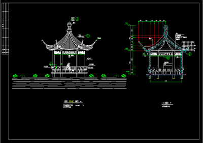 中式六角亭及连亭曲桥cad施工图，观景桥cad图纸下载