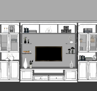 简欧式电视机组合柜su模型，电视机草图大师模型下载