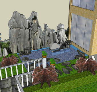 中式庭院景观su模型下载、中式别墅庭院草图大师模型下载