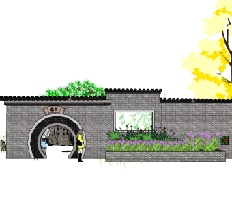 中式景观墙SU模型下载，景观墙skb模型分享