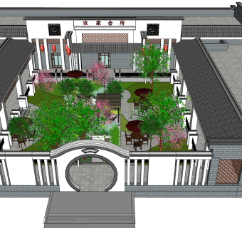 中式建筑会所模型，sketchup模型免费下载