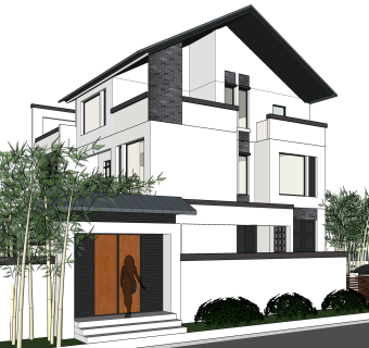 新中式独栋别墅草图大师模型，sketchup别墅su模型下载