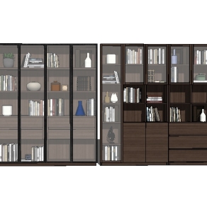 现代书柜摆件组合su模型，书柜摆件草图大师模型下载