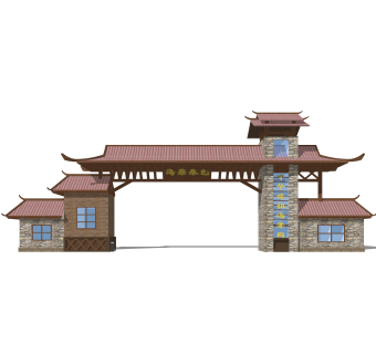 新中式景区大门入口su模型，大门入口草图大师模型下载