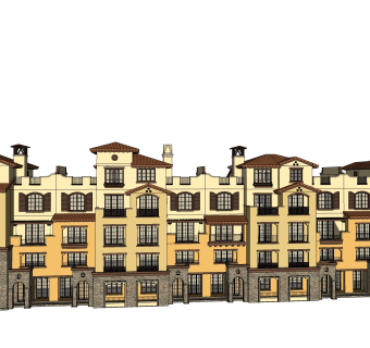 新中式别墅建筑，连排叠加别墅，SU模型免费下载