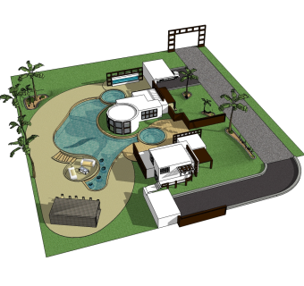 现代泳池别墅草图大师模型，别墅SU模型下载