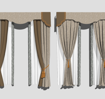 新中式布艺窗帘组合草图大师模型，布艺窗帘组合sketchup模型下载
