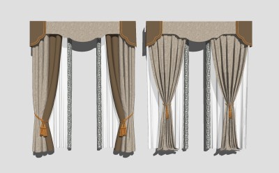 新中式布艺窗帘组合草图大师模型，布艺窗帘组合sketchup模型下载