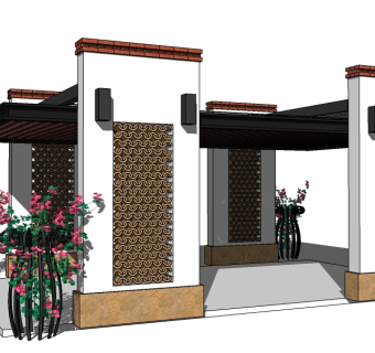 中式廊架草图大师模型，廊架SU模型下载