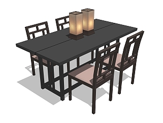 中式实木餐桌椅su模型，4人餐桌skp模型下载