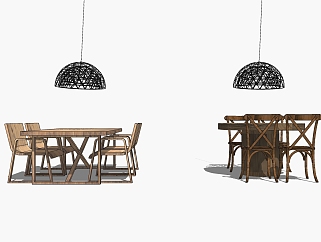 自然风原木餐桌椅<em>组合</em>su模型，简约餐桌sketchup模型...