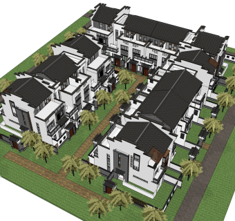 中式联排别墅su模型，别墅skb文件下载