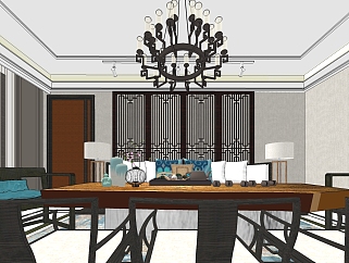 新中式客餐厅su模型，客餐厅整套sketchu模型下载