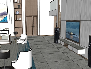 新中式别墅客厅su模型，别墅客厅沙发桌椅电视组合草图大师模型下载
