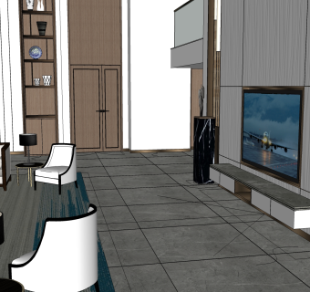 新中式别墅客厅su模型，别墅客厅沙发桌椅电视组合草图大师模型下载