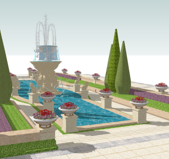欧式广场水景草图大师模型，广场sketchup模型下载
