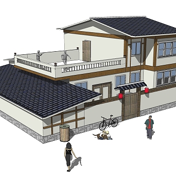 中式农家院落建筑草图大师模型，古建民俗sketchup模型免费下载