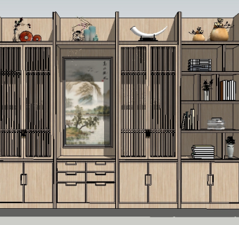 新中式实木书柜草图大师模型，书柜sketchup模型下载