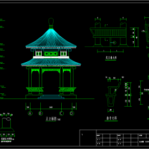 古建筑圆亭cad施工图，观景亭cad图纸下载
