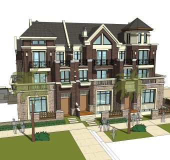 欧式联排别墅su模型，别墅sketchup模型下载