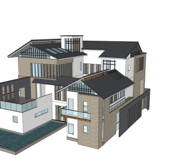 中式别墅草图大师模型，别墅sketchup模型
