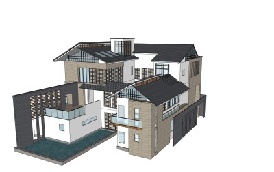 中式别墅草图大师模型，别墅sketchup模型