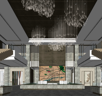 新中式售楼处沙盘区sketchup模型，销售中心草图大师模型下载