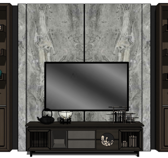 新中式电视柜组合草图大师模型，电视柜sketchup模型下载