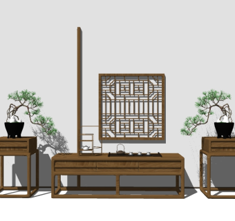 新中式实木电视柜组合su模型，电视柜草图大师模型下载