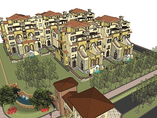 新中式别墅小区，连排叠加别墅，SU模型免费下载