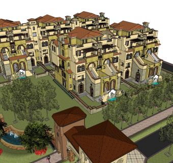 新中式别墅小区，连排叠加别墅，SU模型免费下载