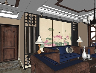 古典中式客厅室内su模型，客厅草图大师下载