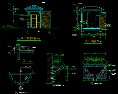 岗亭景观亭CAD施工图纸，景观亭CAD建筑图纸下载