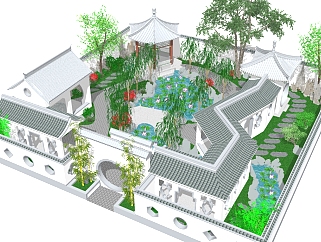 <em>中式庭院</em>景观规划草图大师模型，庭院景观规划sketchup...