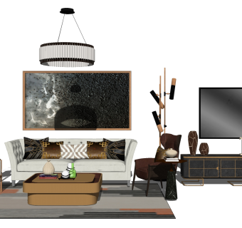 现代轻奢多人沙发草图大师模型，沙发skp模型下载