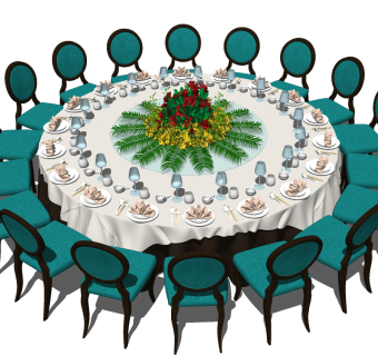 简欧圆形宴会餐桌椅免费su模型下载、简欧圆形宴会餐桌椅草图大师模型下