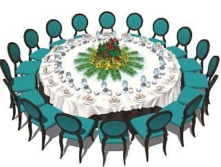 简欧圆形宴会餐桌椅免费su模型下载、简欧圆形宴会餐桌椅草图大师模型下
