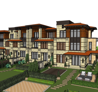 欧式连排别墅草图大师模型，别墅sketchup模型免费下载